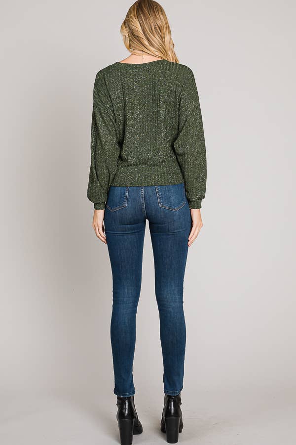 Boxy Long Sleeve Shimmer Lurex Rib Knit Crop Sweater