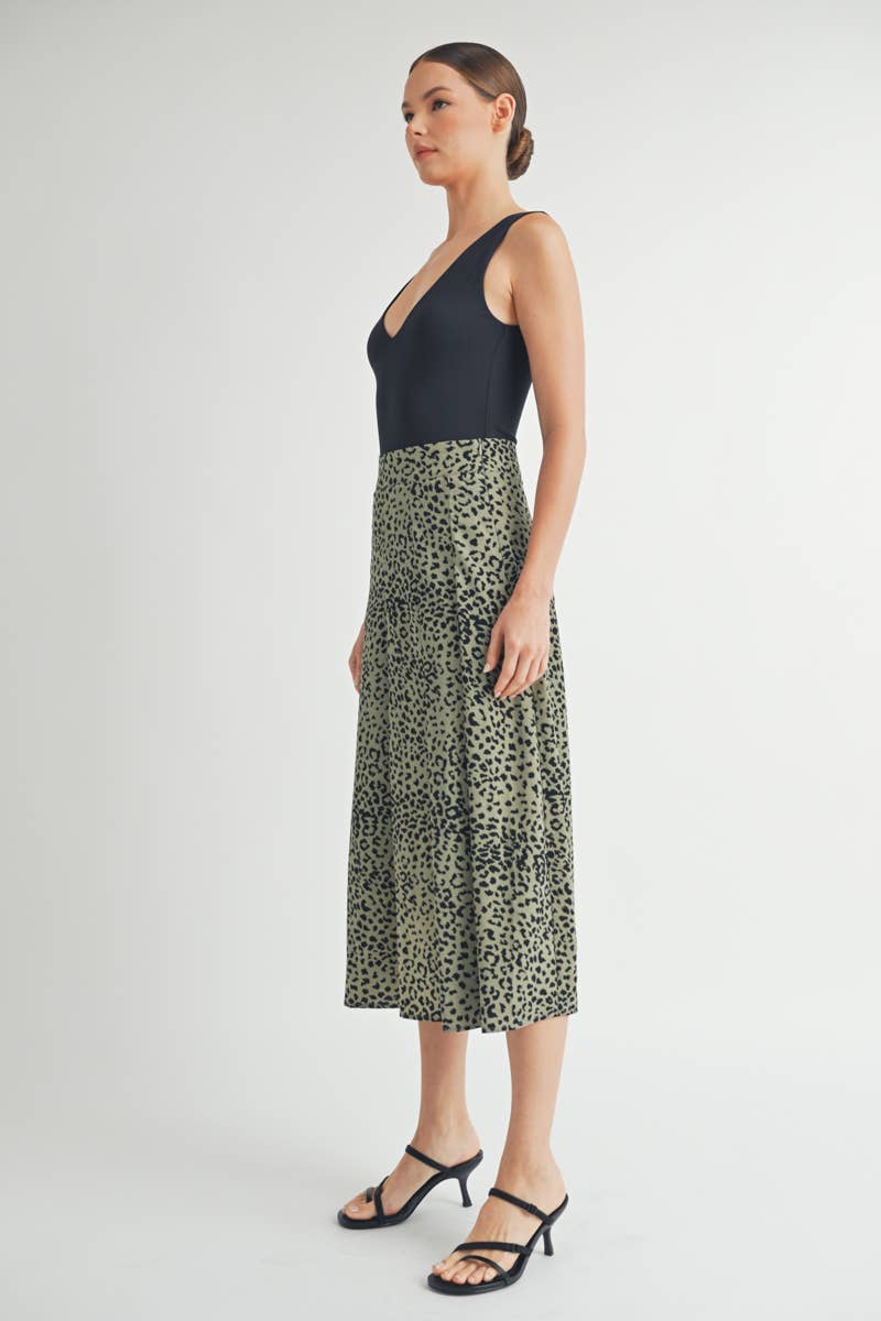 Olive Leopard Print Tiered Midi Skirt