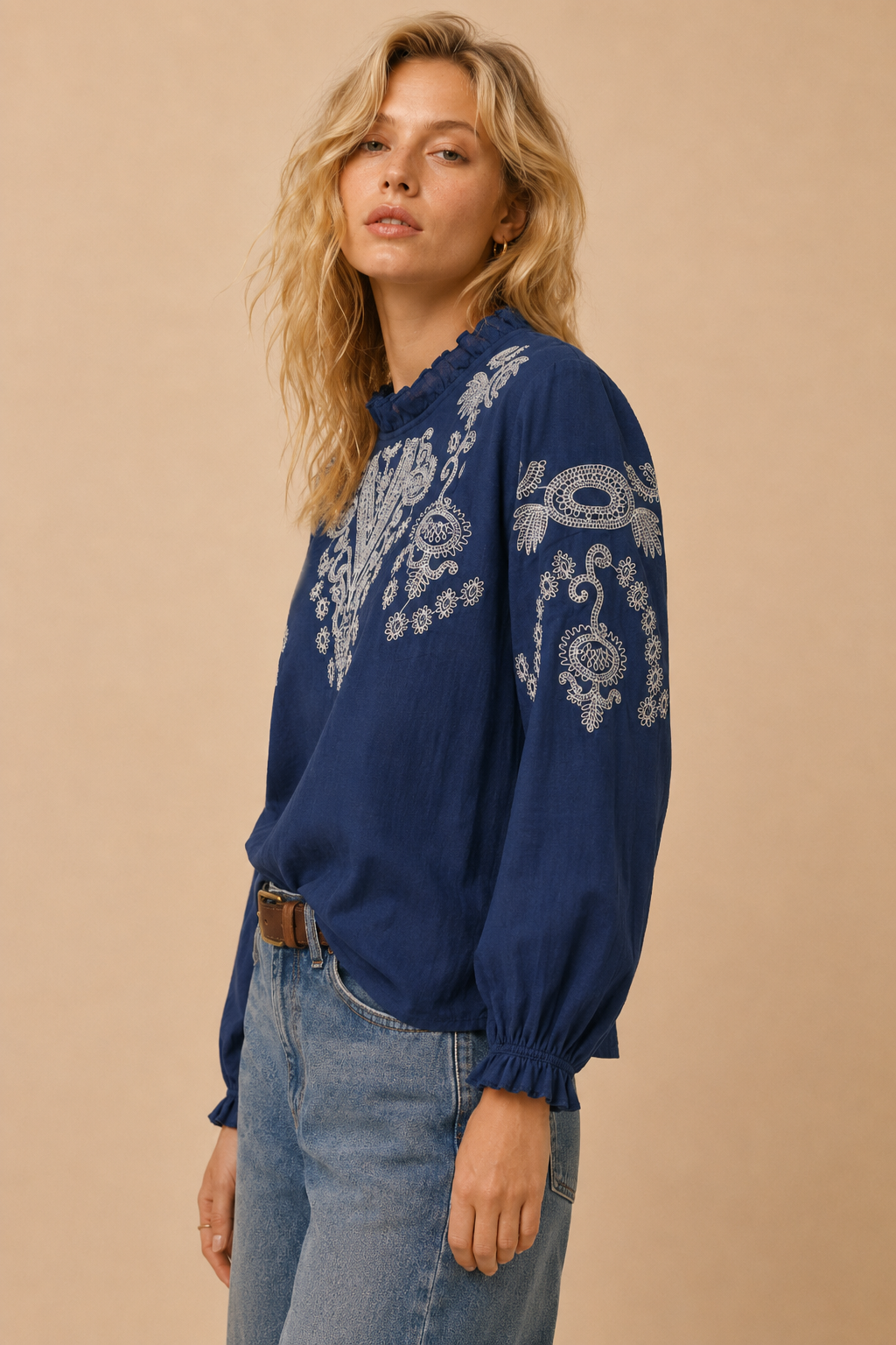Navy Embroidered Long-Sleeve Boho Blouse