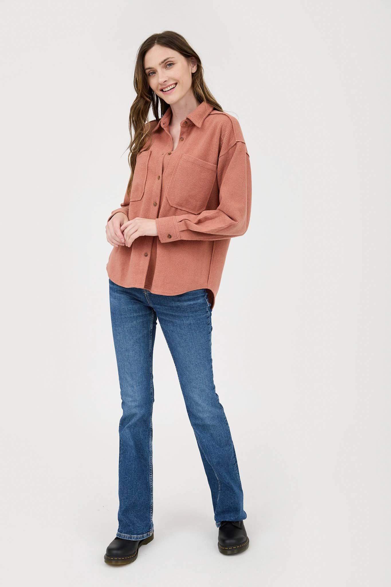 Blu Pepper Rib Knit Button-Up Top with Exposed Seams