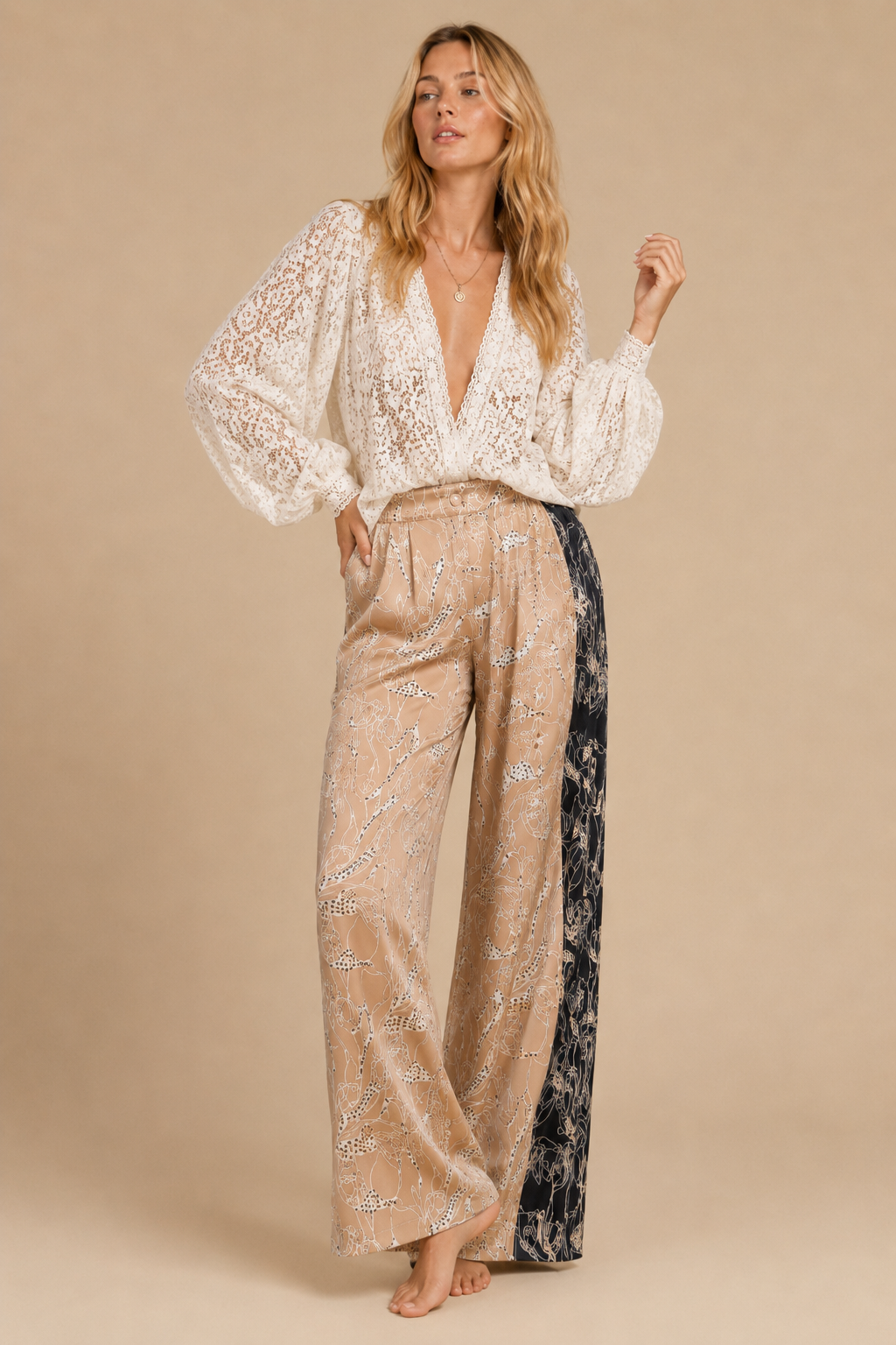 Two-Tone Abstract Floral Wide-Leg Trousers