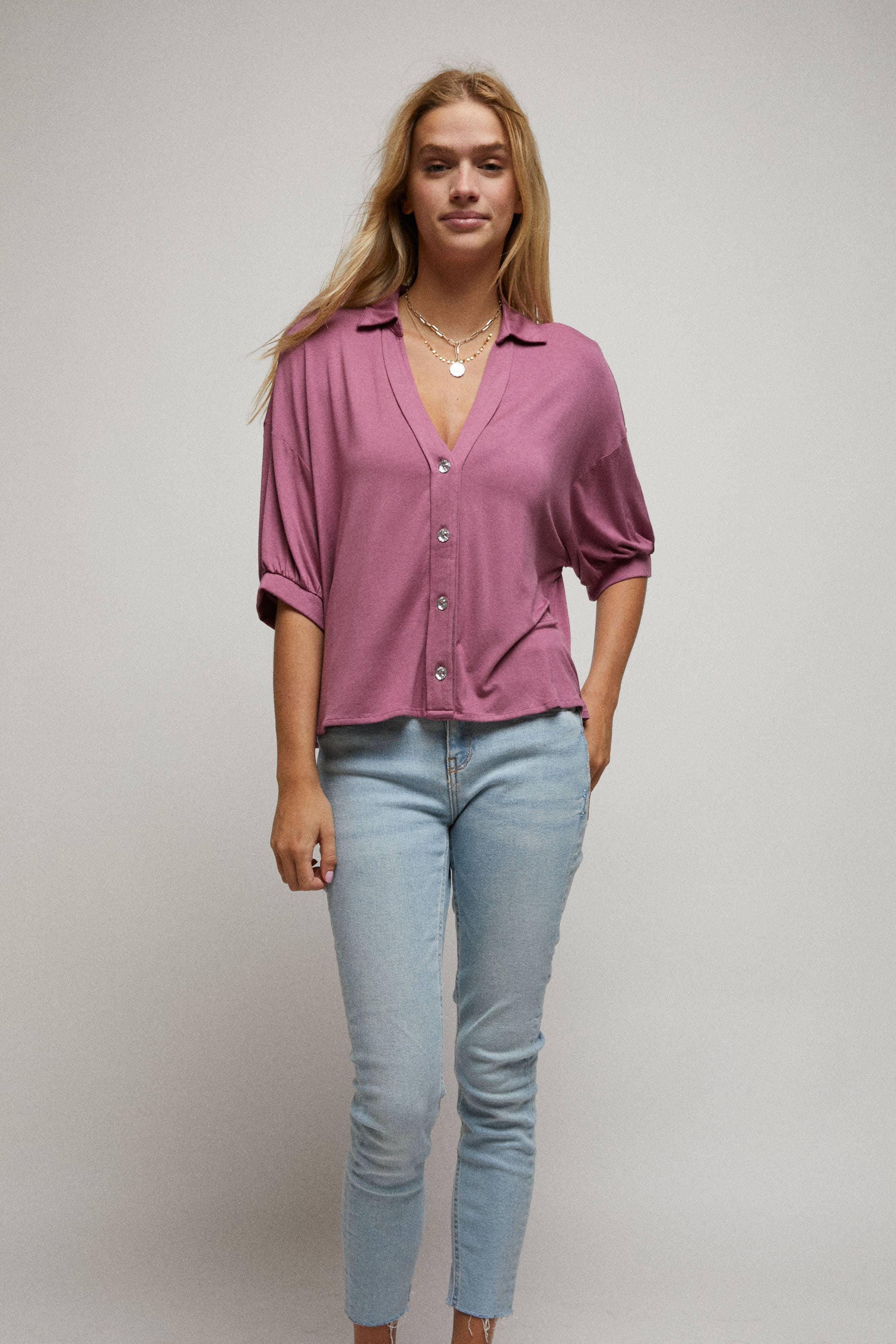 Rhinestone Button Down Crop Shirt with Elbow Sleeves
