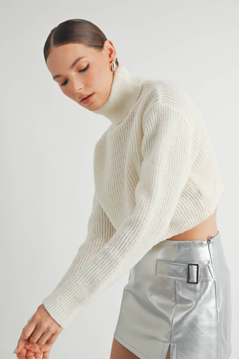 Cropped Mock Neck Knit Sweater