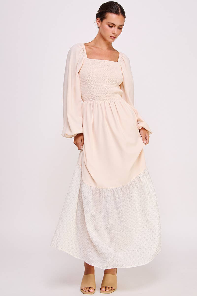 Blush Smocked Long Sleeve Maxi Dress with Shimmer Hem
