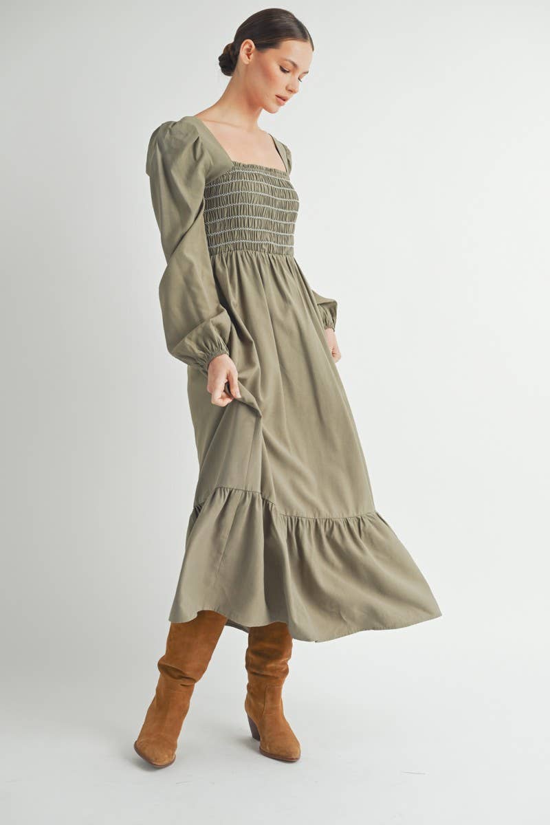 Olive Smocked Bodice Long Sleeve Midi Dress