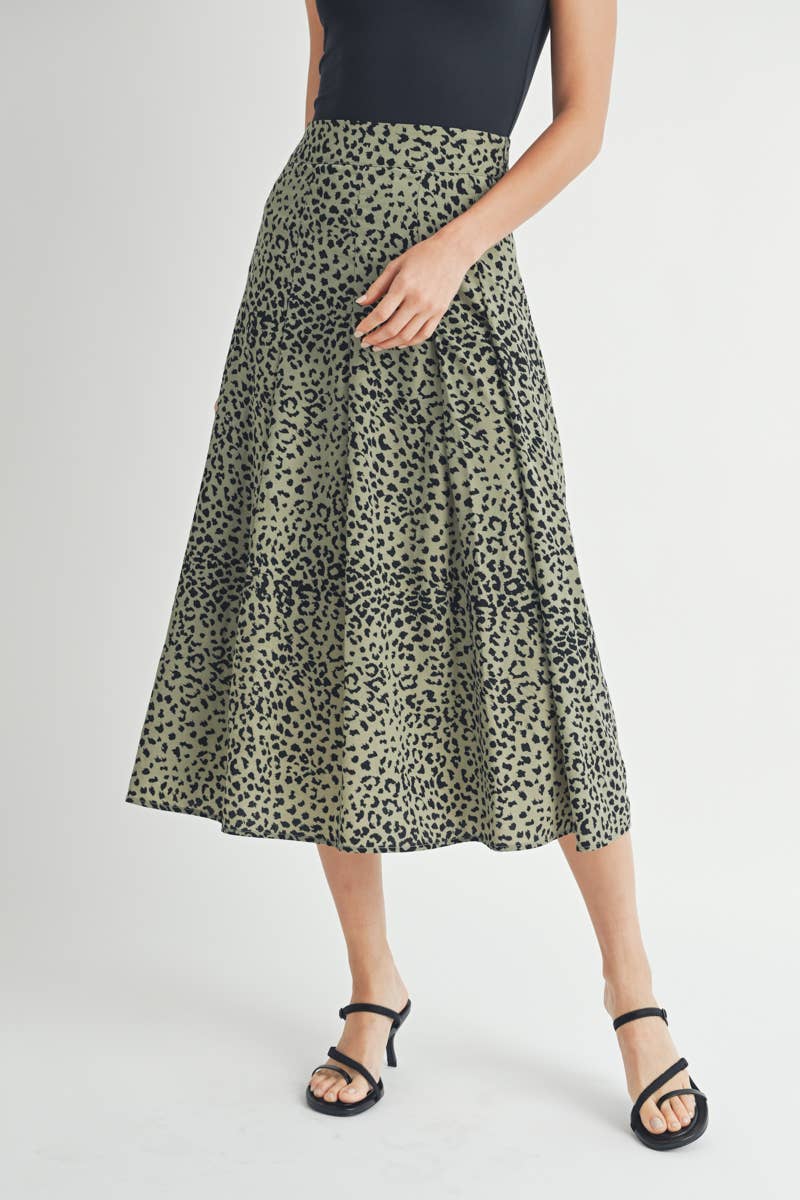 high-waisted, tiered A-line midi skirt with an olive green and black leopard print 