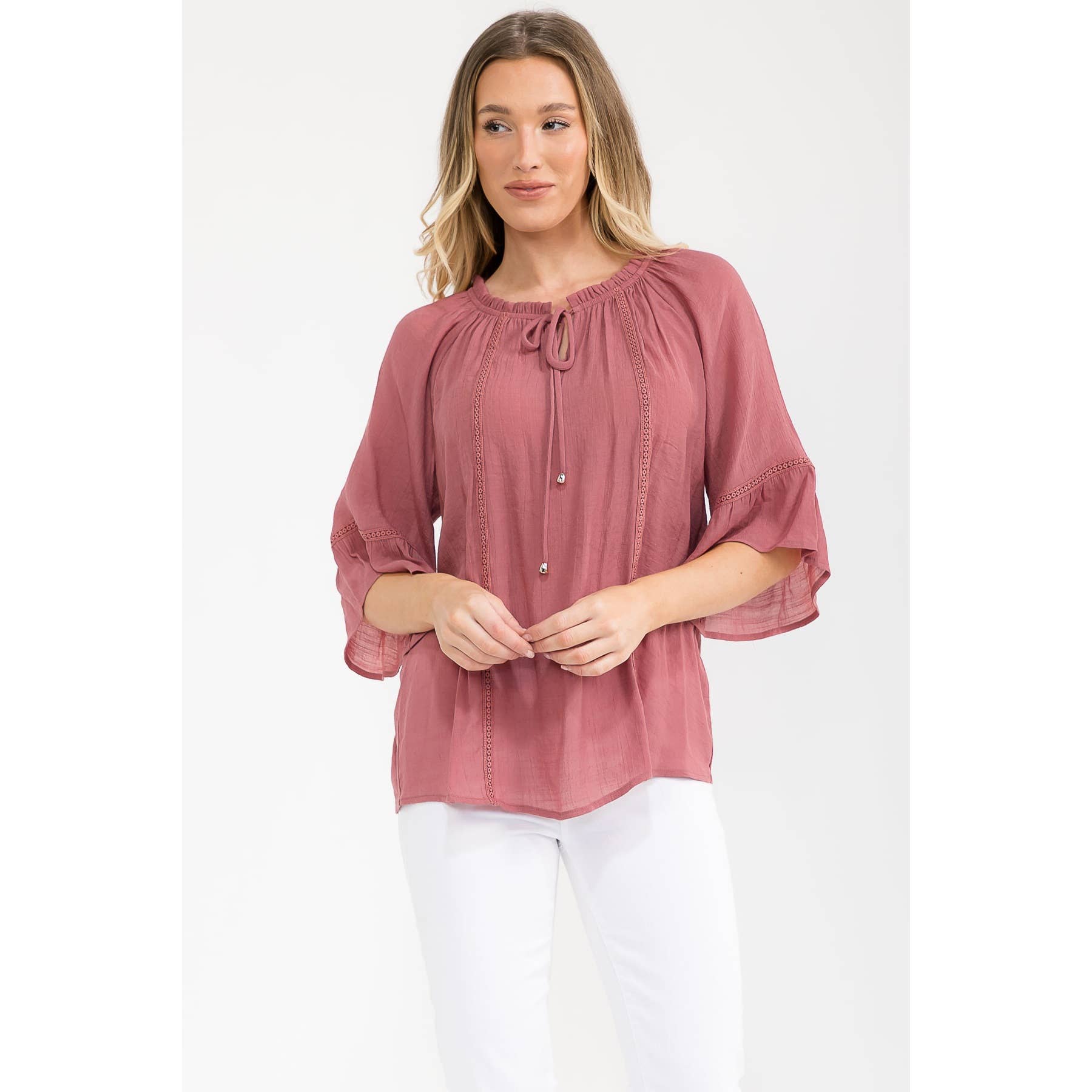 Crochet-Trim Bell-Sleeve Peasant Top