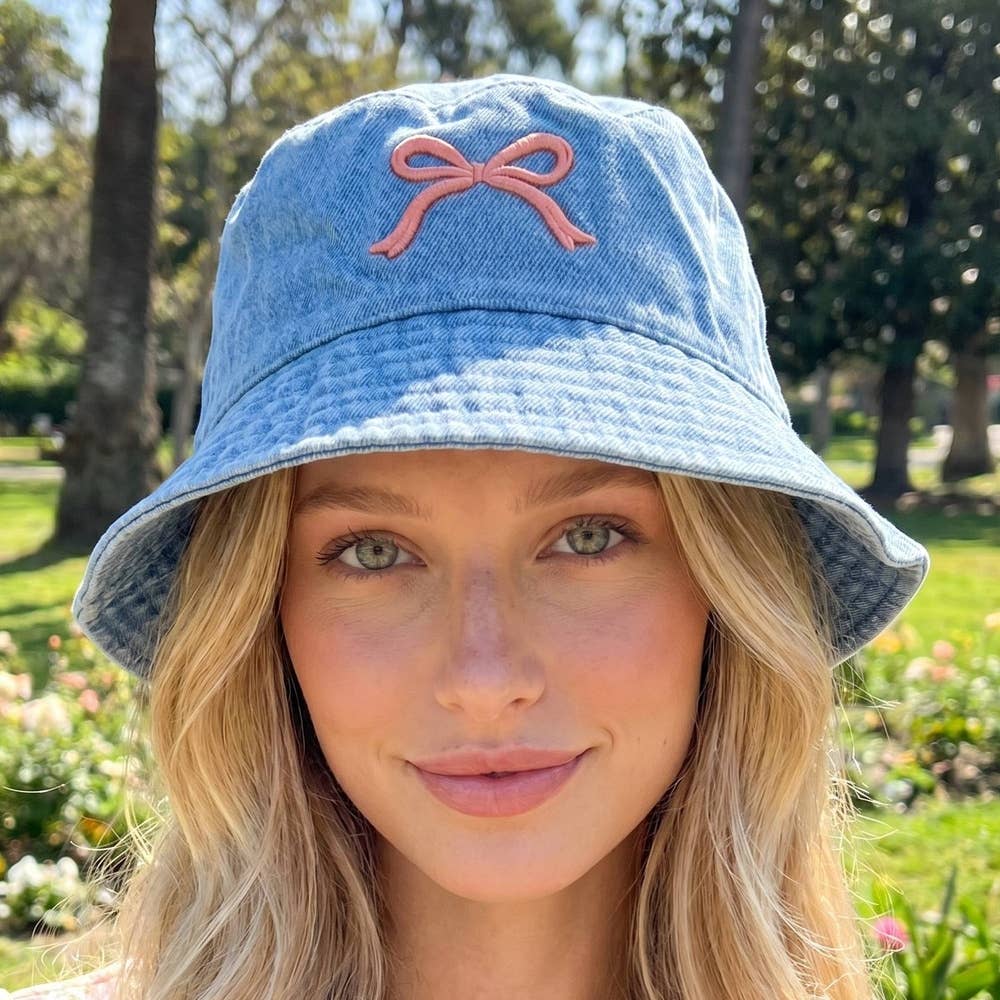 Embroidered Bow Denim Bucket Hat