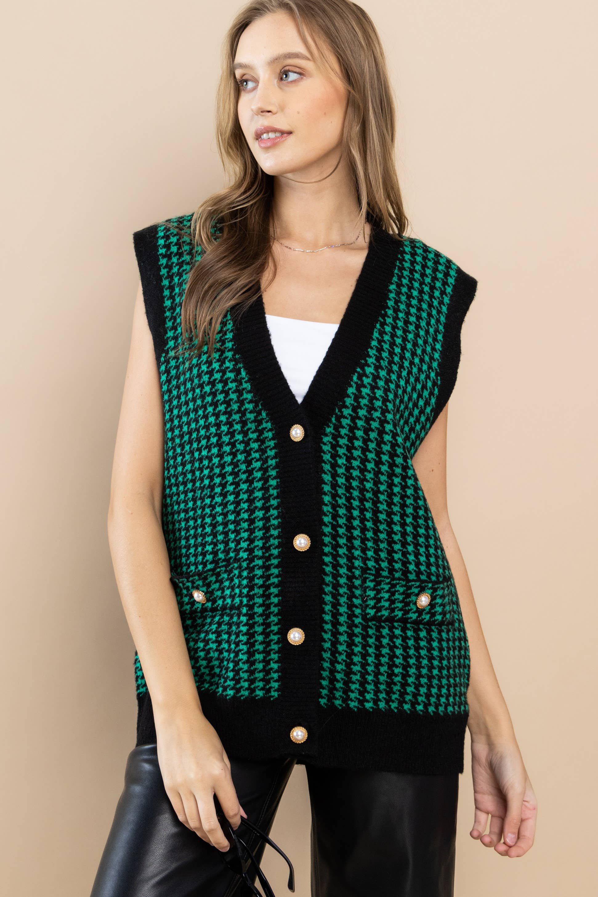 Button Front Sweater Vest with Houndstooth Pattern