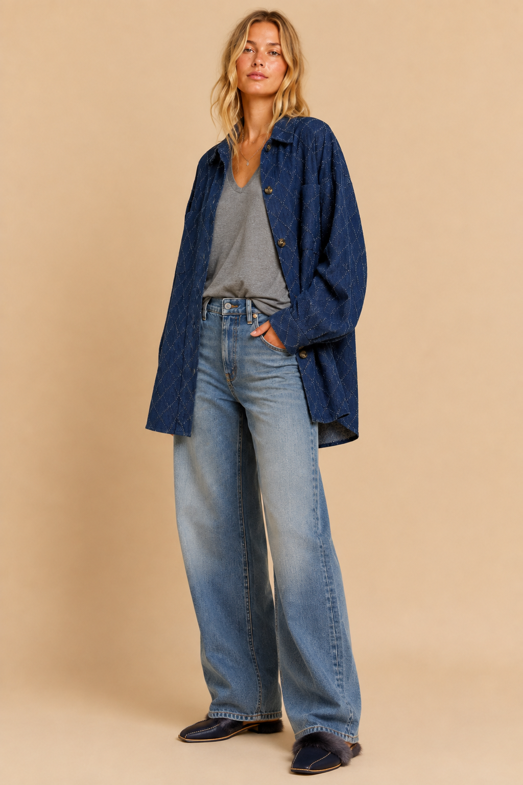 Diamond-Textured Oversized Denim Shacket
