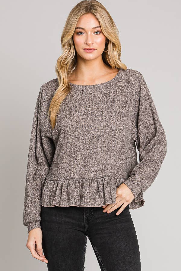 Ruffle Hem Brushed Rib Knit Long Sleeve Sweater
