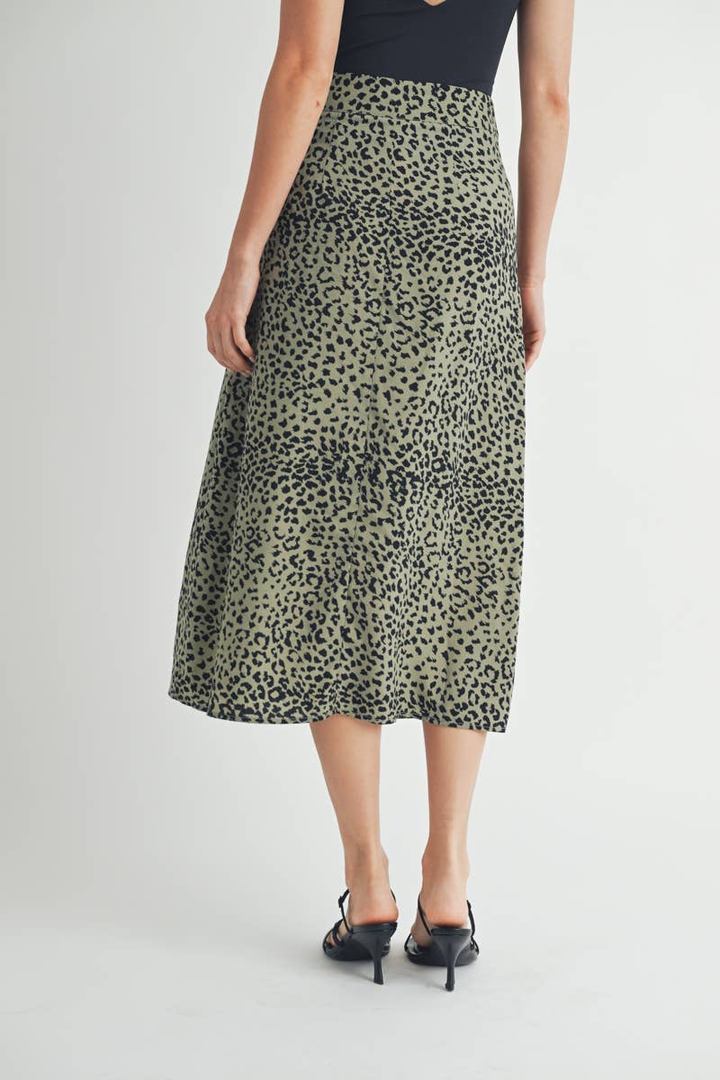 Olive Leopard Print Tiered Midi Skirt