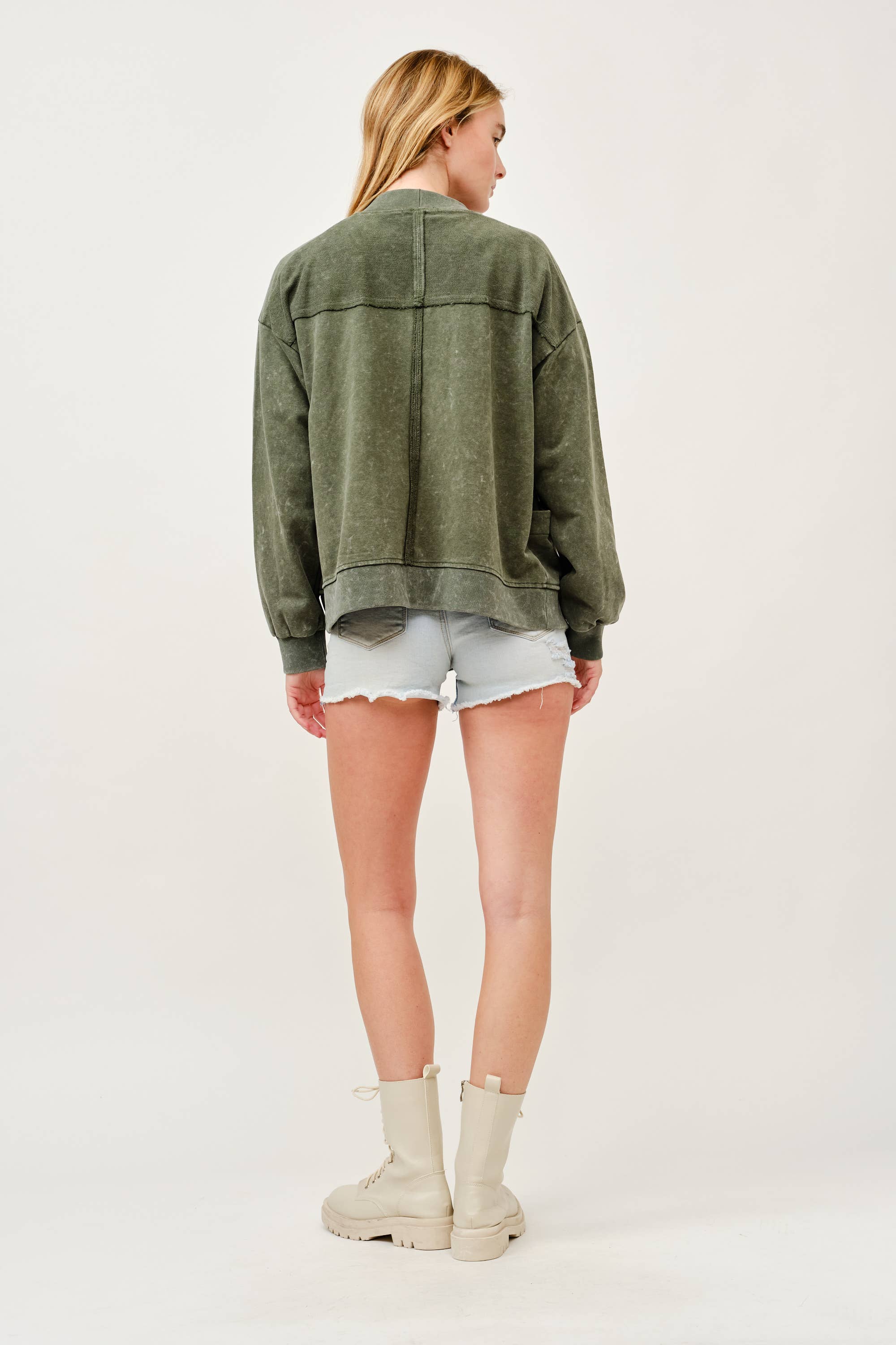 Washed Button-Front Cardigan Jacket with Pockets