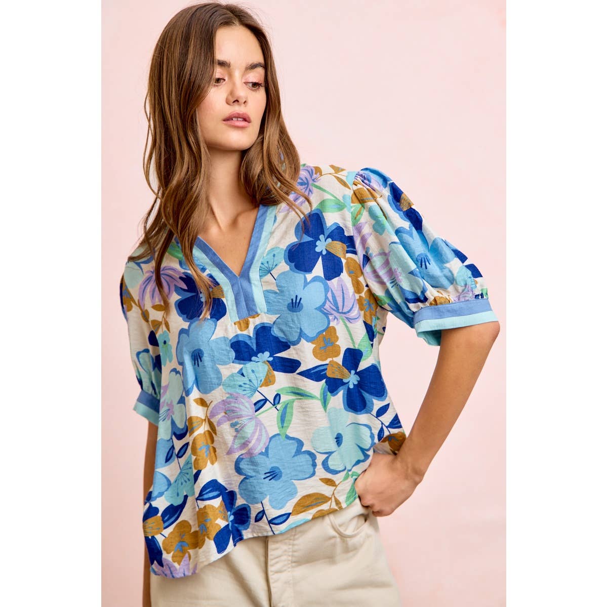 Bibi Woven Puff Sleeve Blouse with Contrast Trim