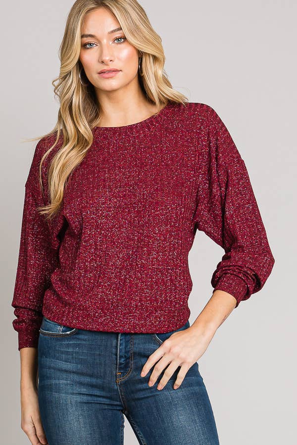 Boxy Long Sleeve Shimmer Lurex Rib Knit Crop Sweater