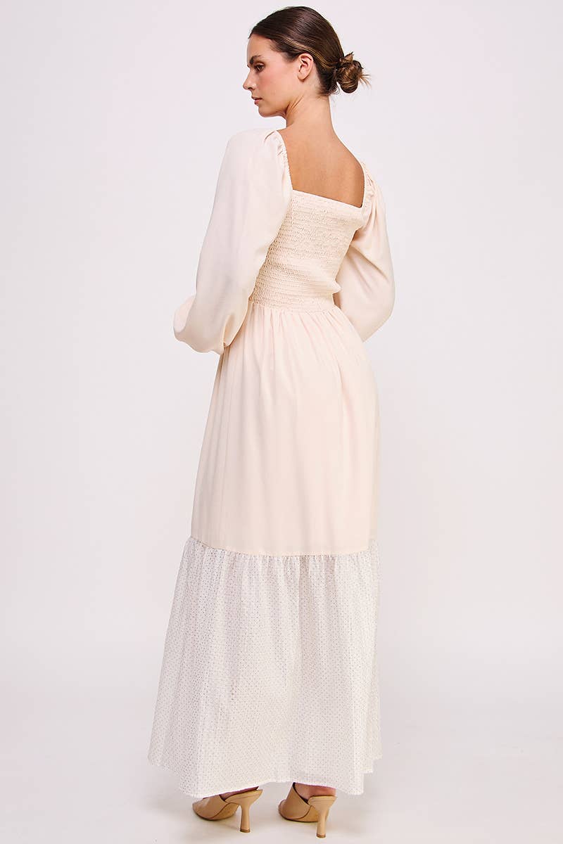 Blush Smocked Long Sleeve Maxi Dress with Shimmer Hem