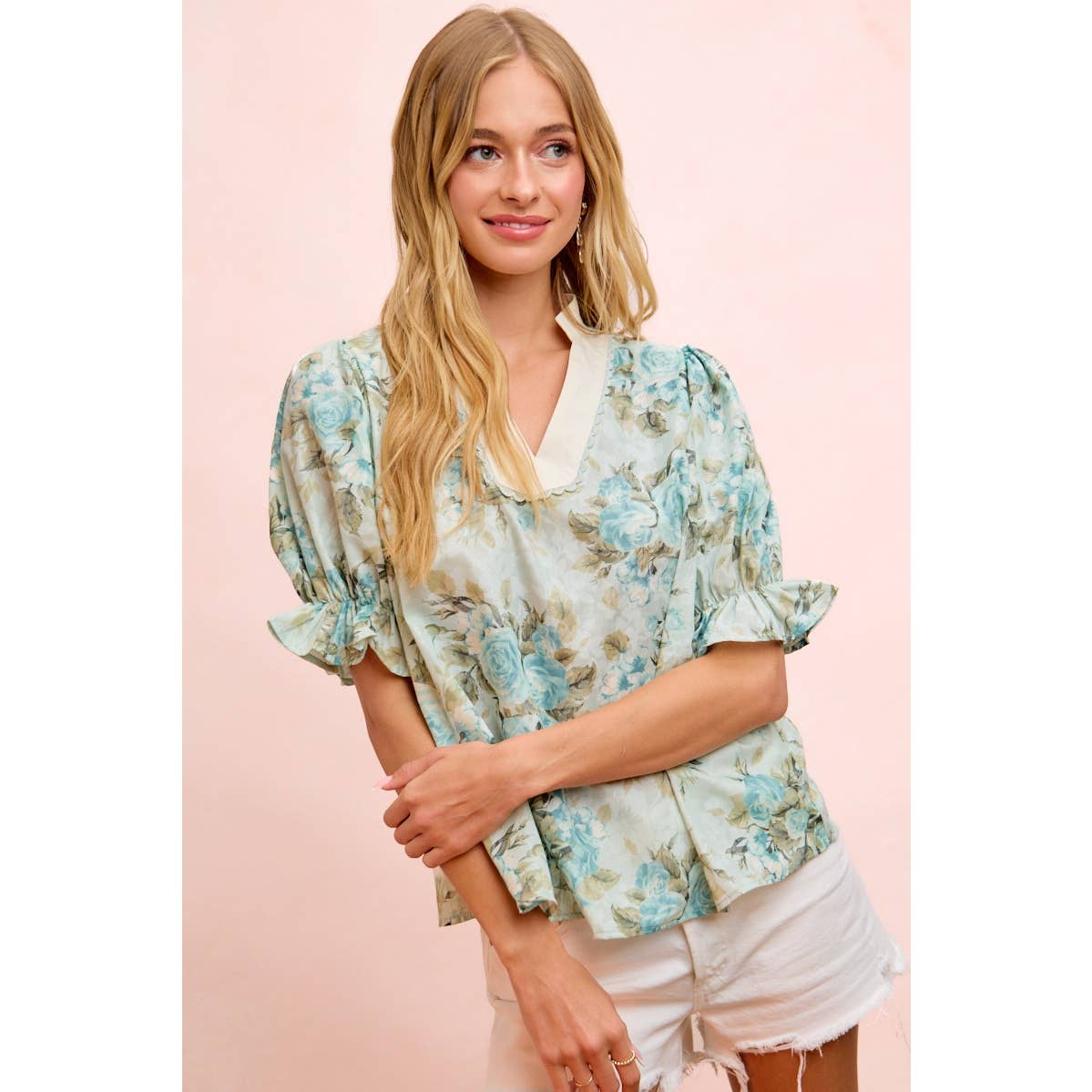 Bibi Rose Puff Sleeve V Neck Blouse