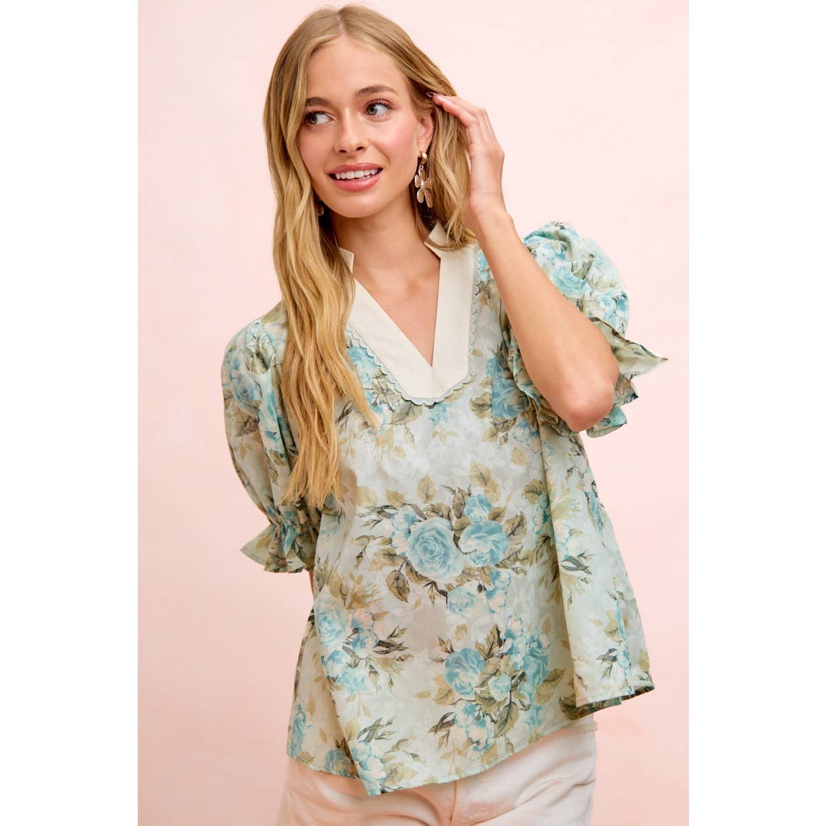 Bibi Rose Puff Sleeve V Neck Blouse