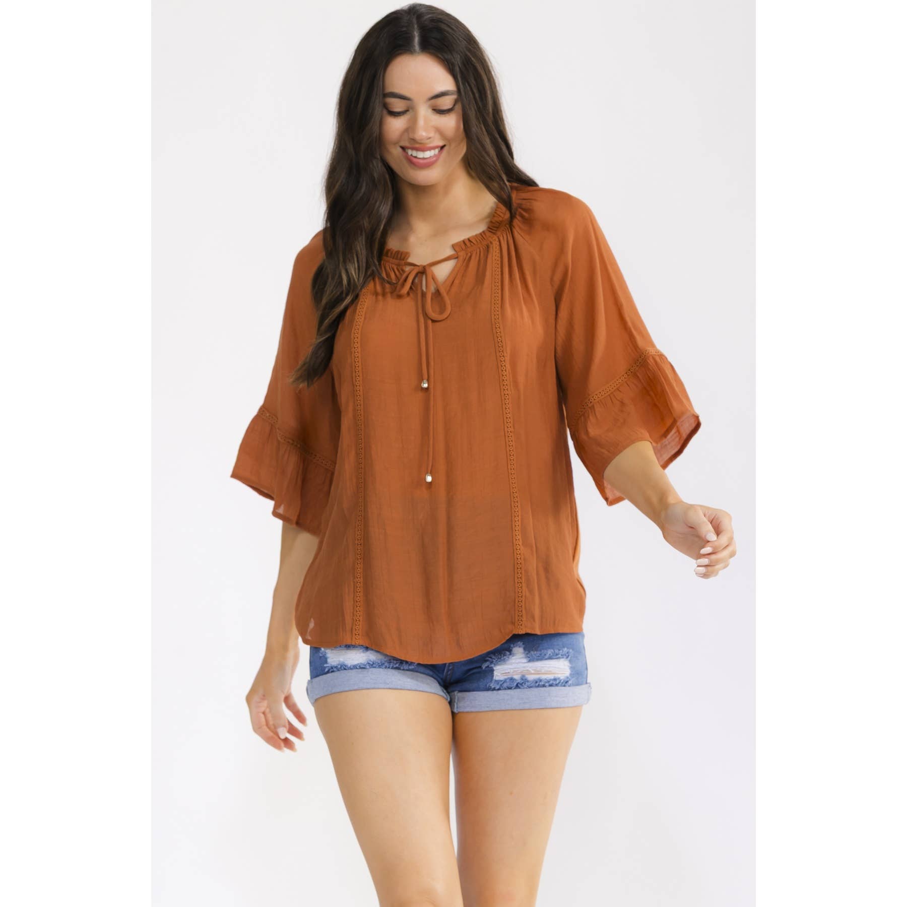 Crochet-Trim Bell-Sleeve Peasant Top