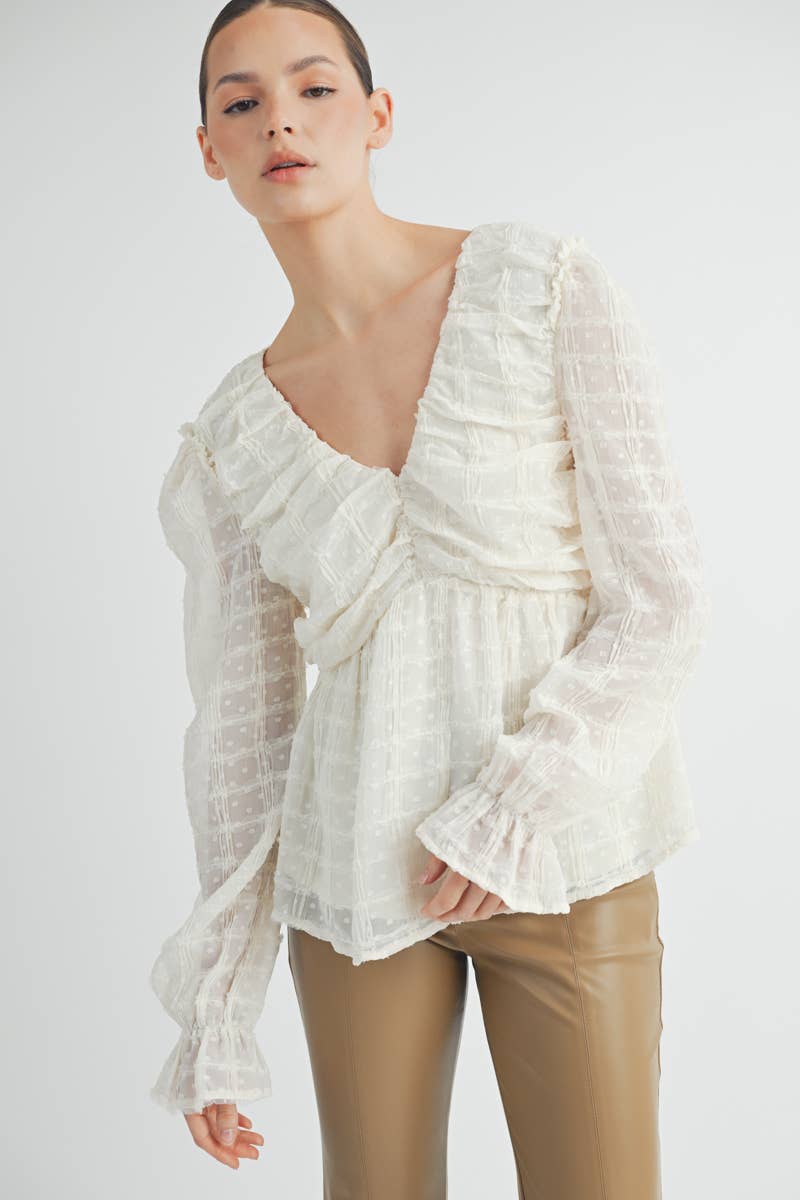 Sheer Textured V-Neck Blouse with Back Ribbon Bow