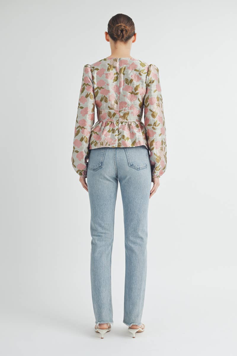 Floral Jacquard Peplum Blouse