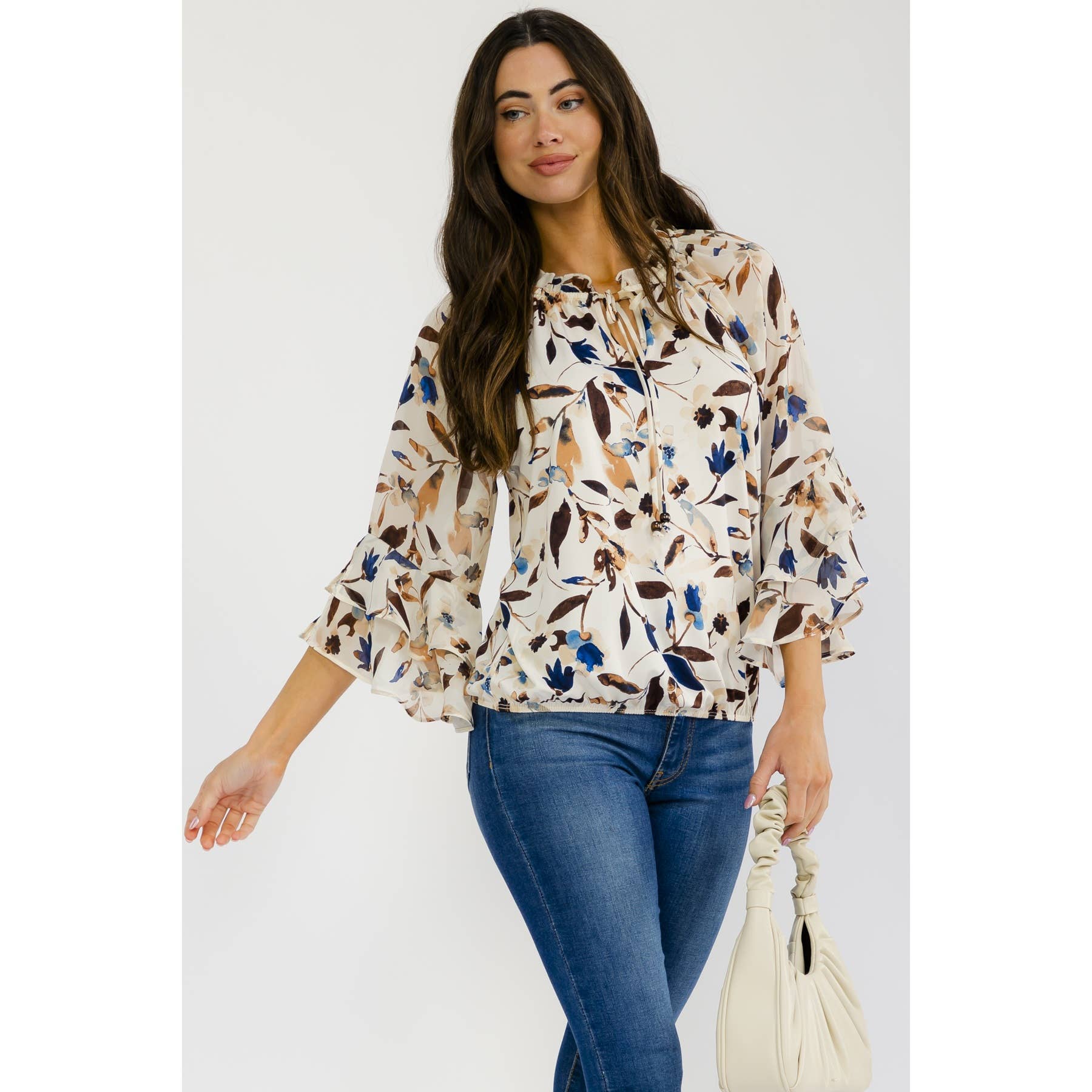 Floral Bell Sleeve with Tie Detail Peasant Top