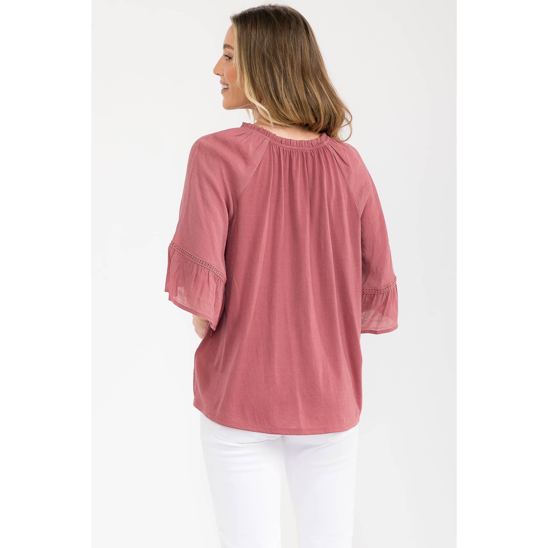 Crochet-Trim Bell-Sleeve Peasant Top