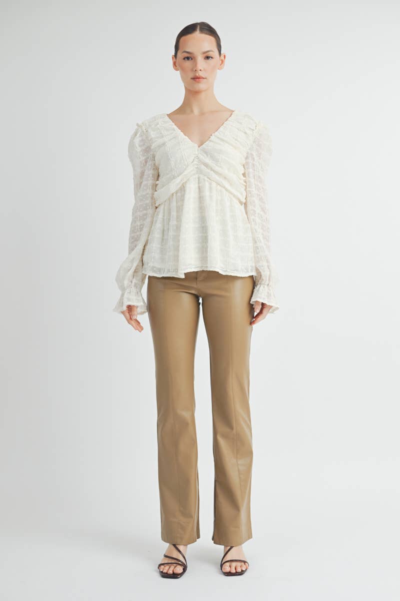 Sheer Textured V-Neck Blouse with Back Ribbon Bow