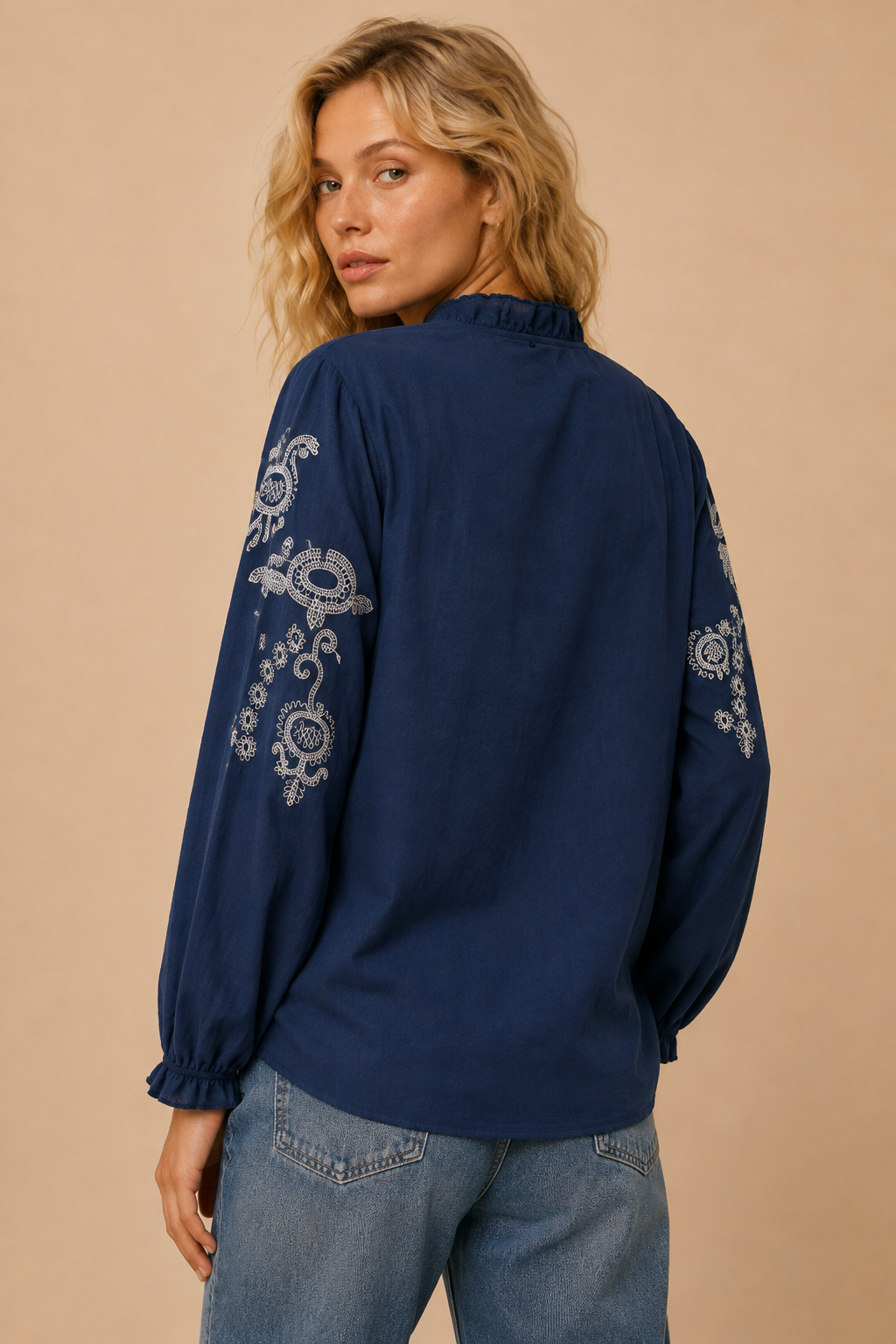 Navy Embroidered Long-Sleeve Boho Blouse