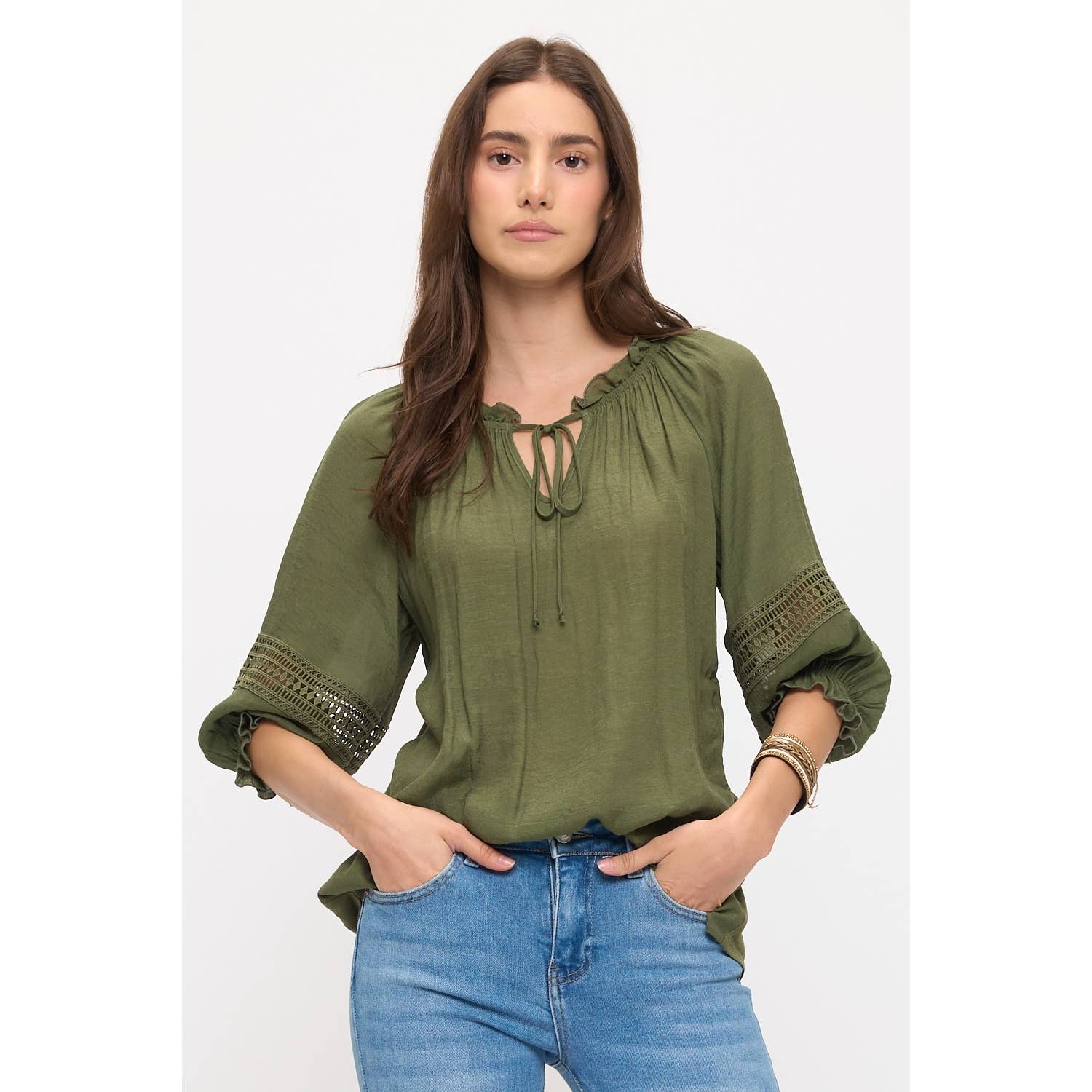 Boho Crochet-Trim Tie-Neck Peasant Top