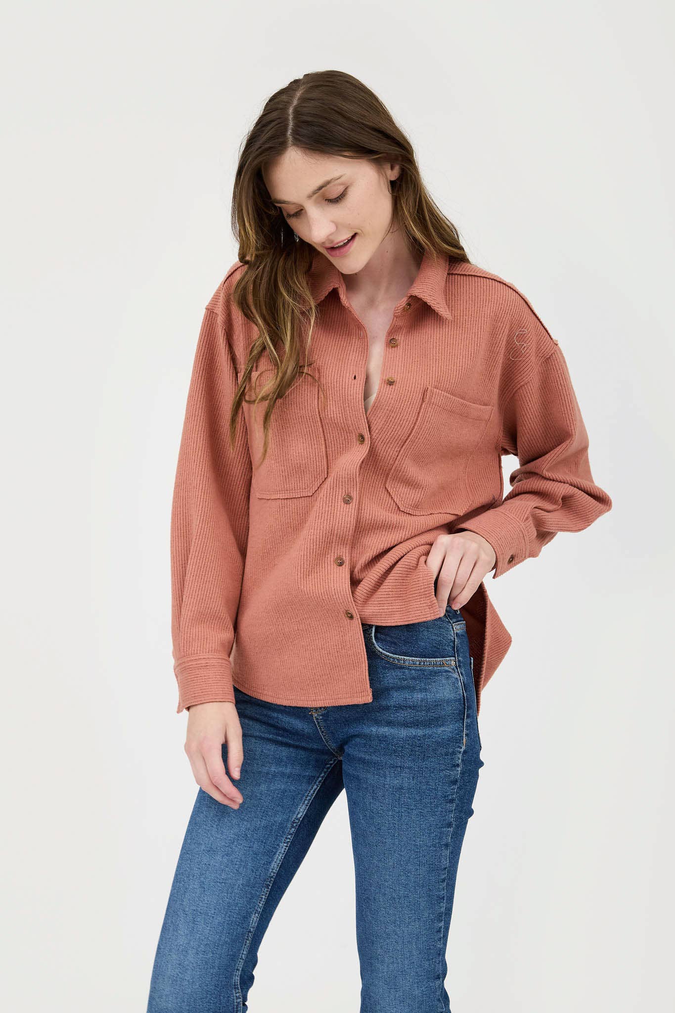 Blu Pepper Rib Knit Button-Up Top with Exposed Seams