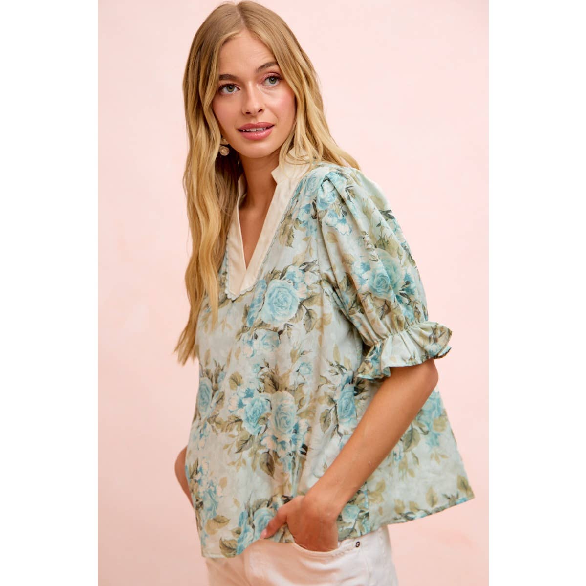 Bibi Rose Puff Sleeve V Neck Blouse