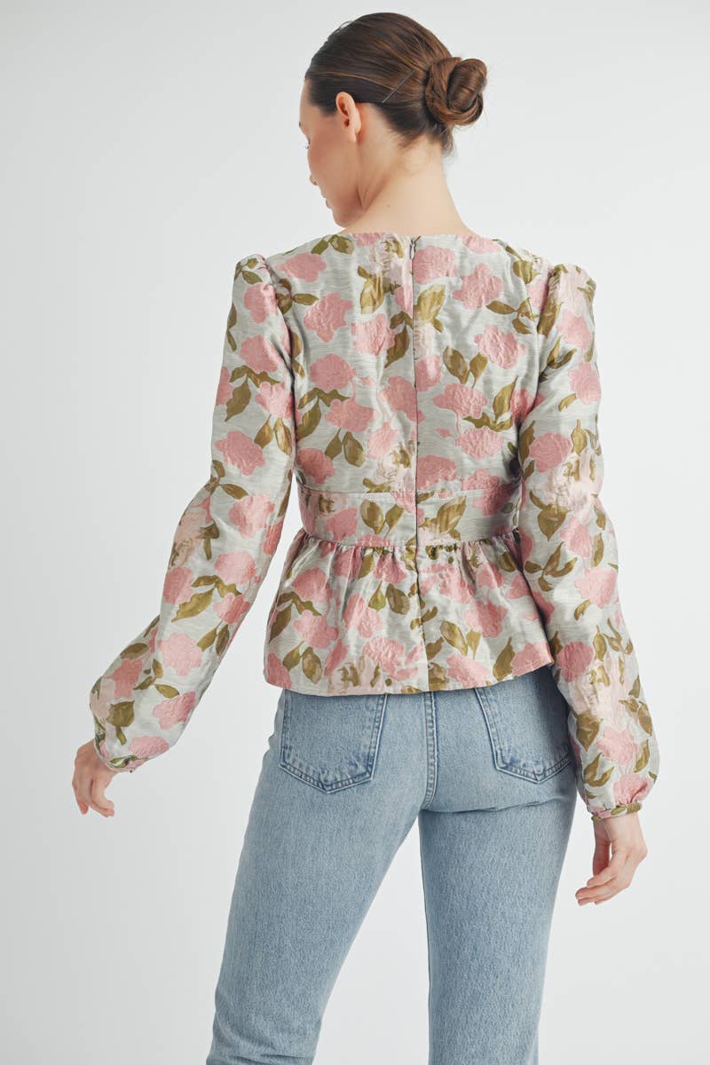 Floral Jacquard Peplum Blouse