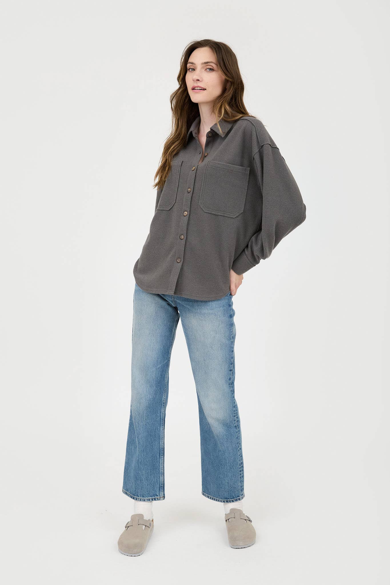 Blu Pepper Rib Knit Button-Up Top with Exposed Seams