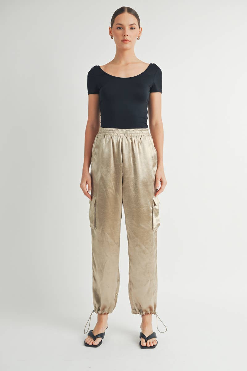 Satin Cargo Pants with Adjustable Drawstring Hem
