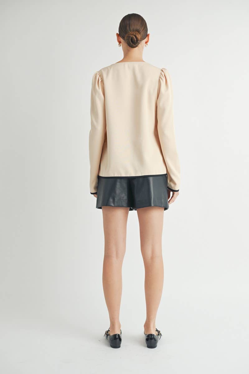 Chic Beige Tie-Front Puff Sleeve Blouse