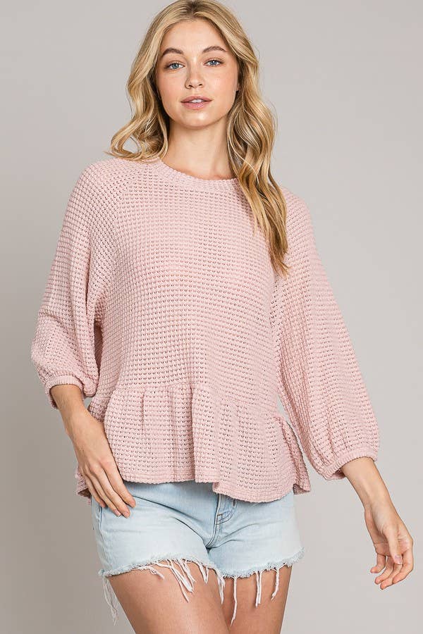 Peplum Soft Waffle Knit Top with Bracelet Sleeves