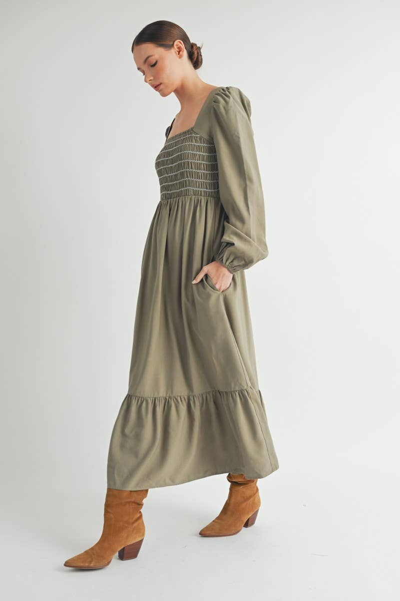 Olive Smocked Bodice Long Sleeve Midi Dress