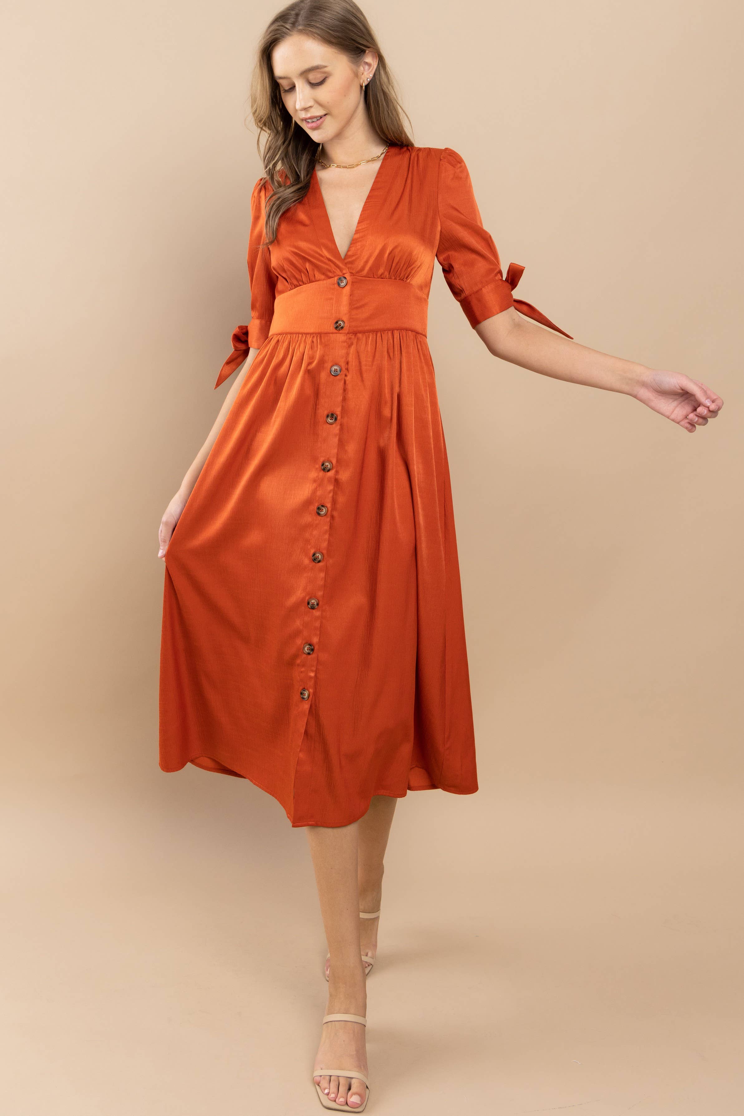 Button-Front Midi Dress with Tie Sleeves