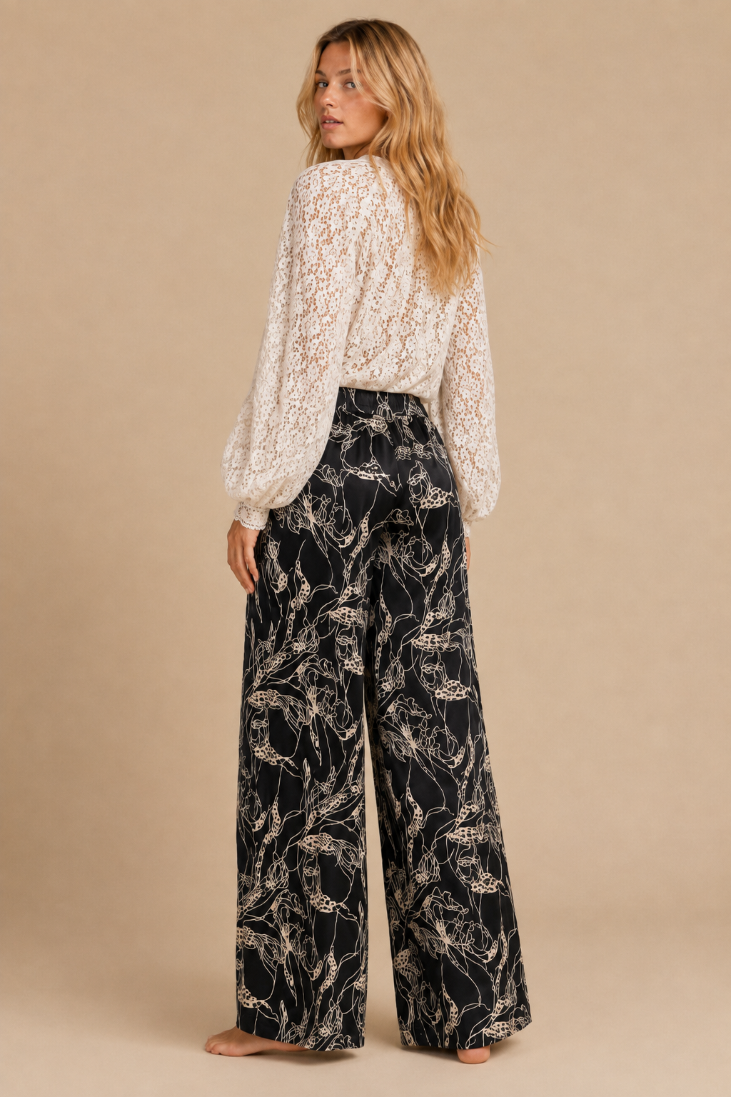 Two-Tone Abstract Floral Wide-Leg Trousers