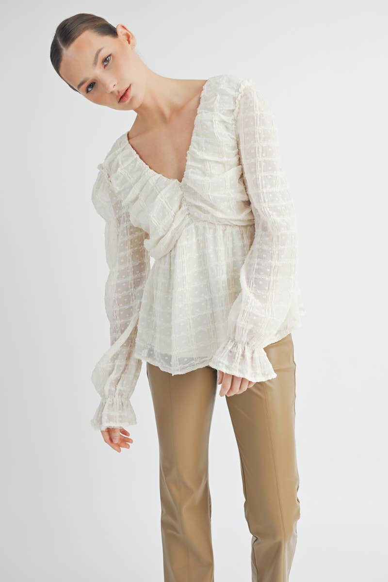 Sheer Textured V-Neck Blouse with Back Ribbon Bow