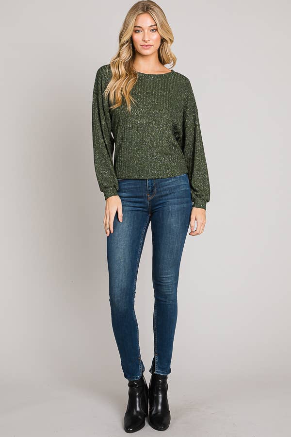 Boxy Long Sleeve Shimmer Lurex Rib Knit Crop Sweater