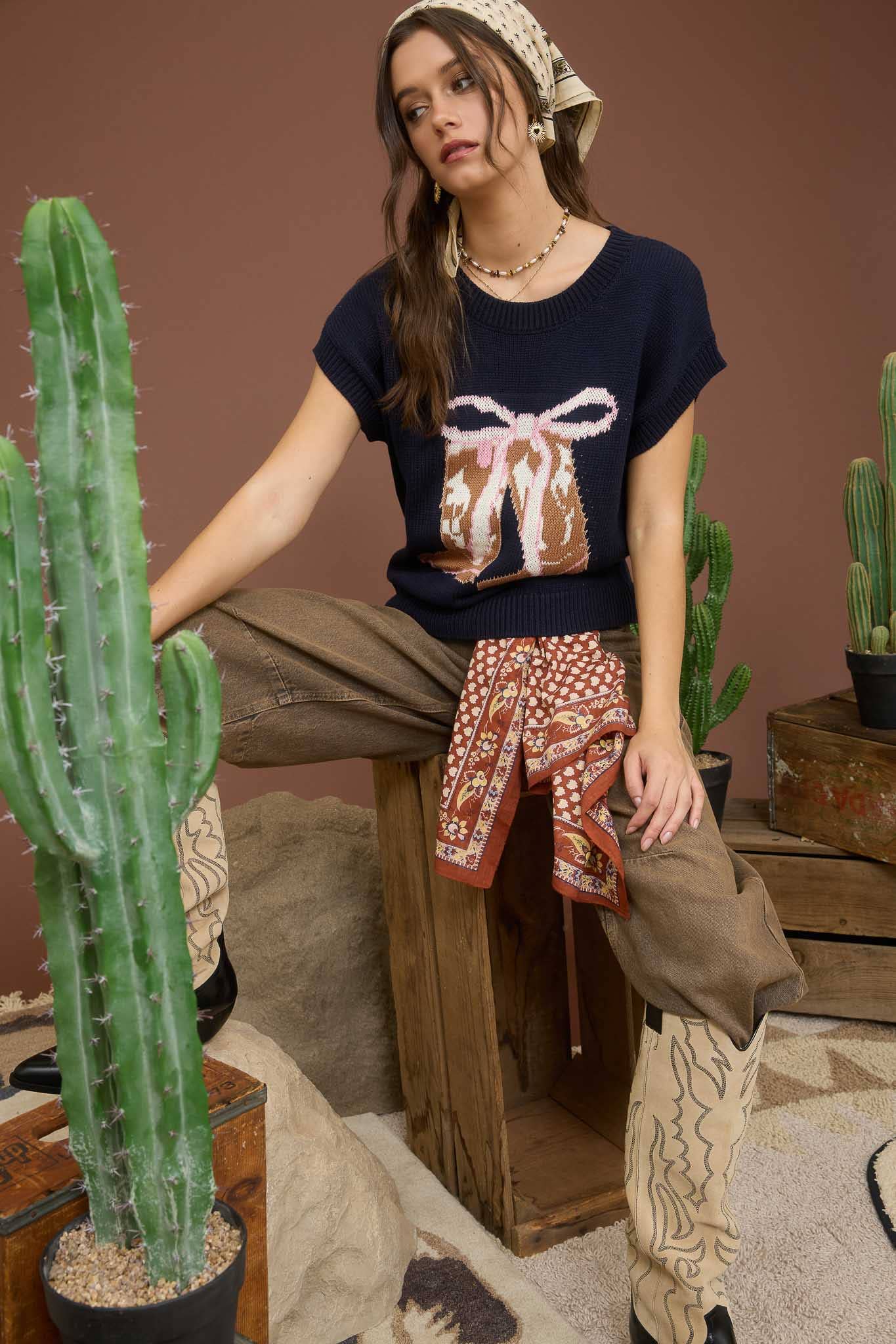 Blu Pepper Bow Western Jacquard Short Sleeve Knit Sweater