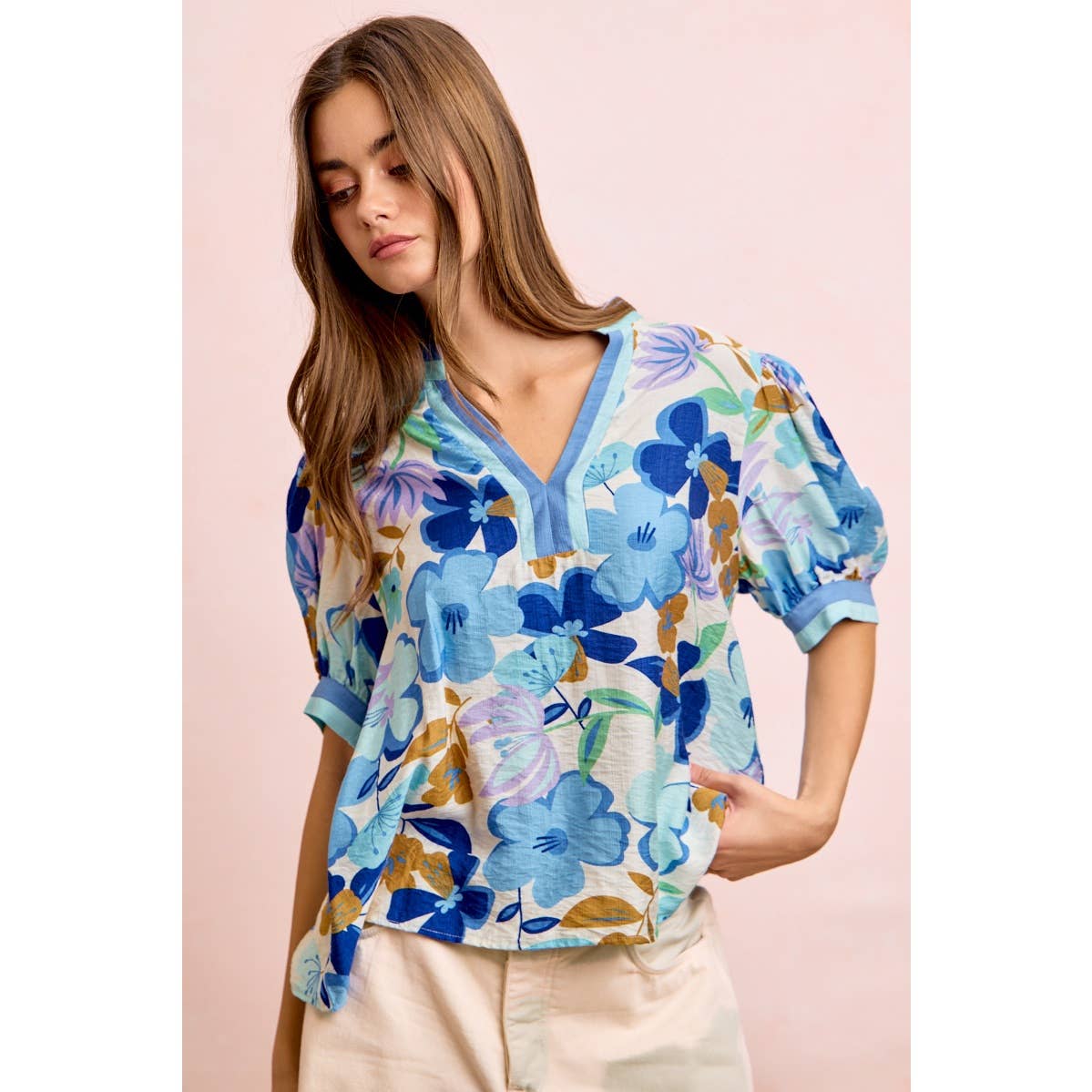 Bibi Woven Puff Sleeve Blouse with Contrast Trim