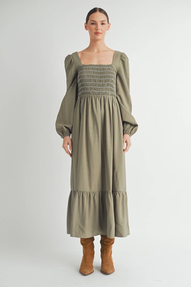 Olive Smocked Bodice Long Sleeve Midi Dress