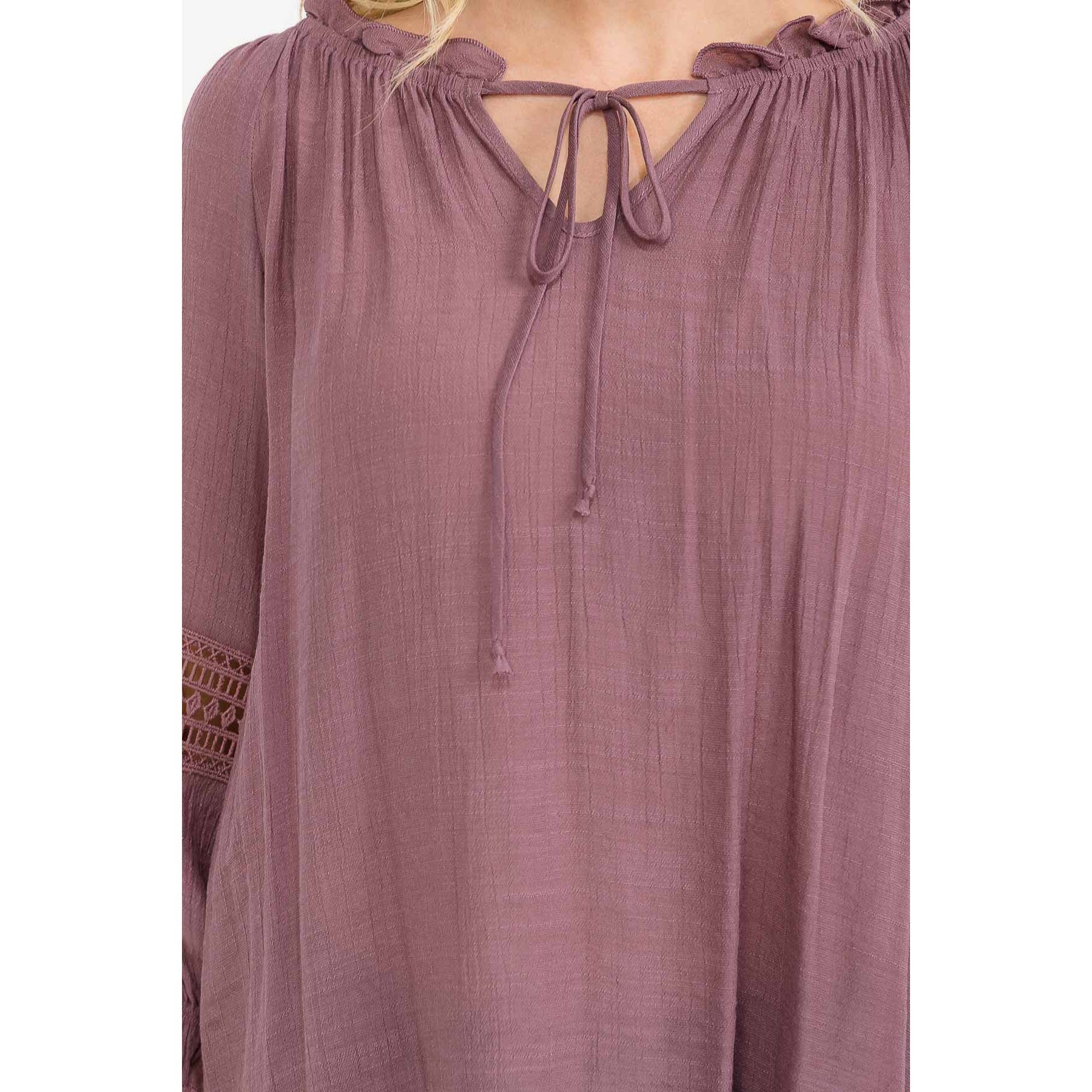Boho Crochet-Trim Tie-Neck Peasant Top