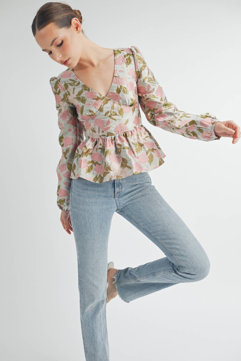 Floral Jacquard Peplum Blouse