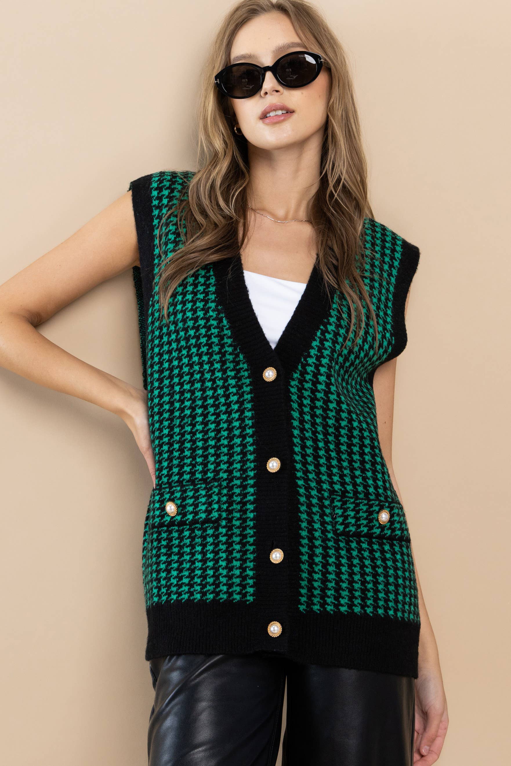 Button Front Sweater Vest with Houndstooth Pattern