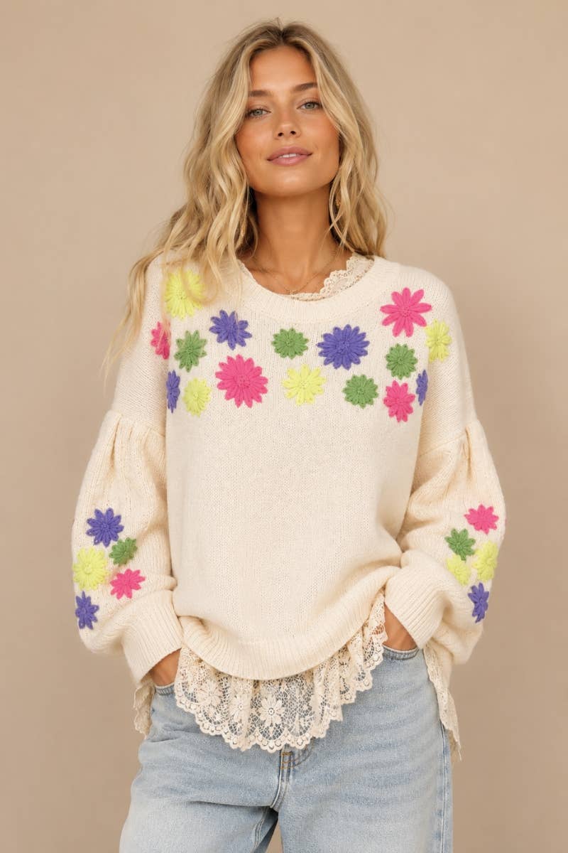 Floral Embroidered Round Neck Sweater Top