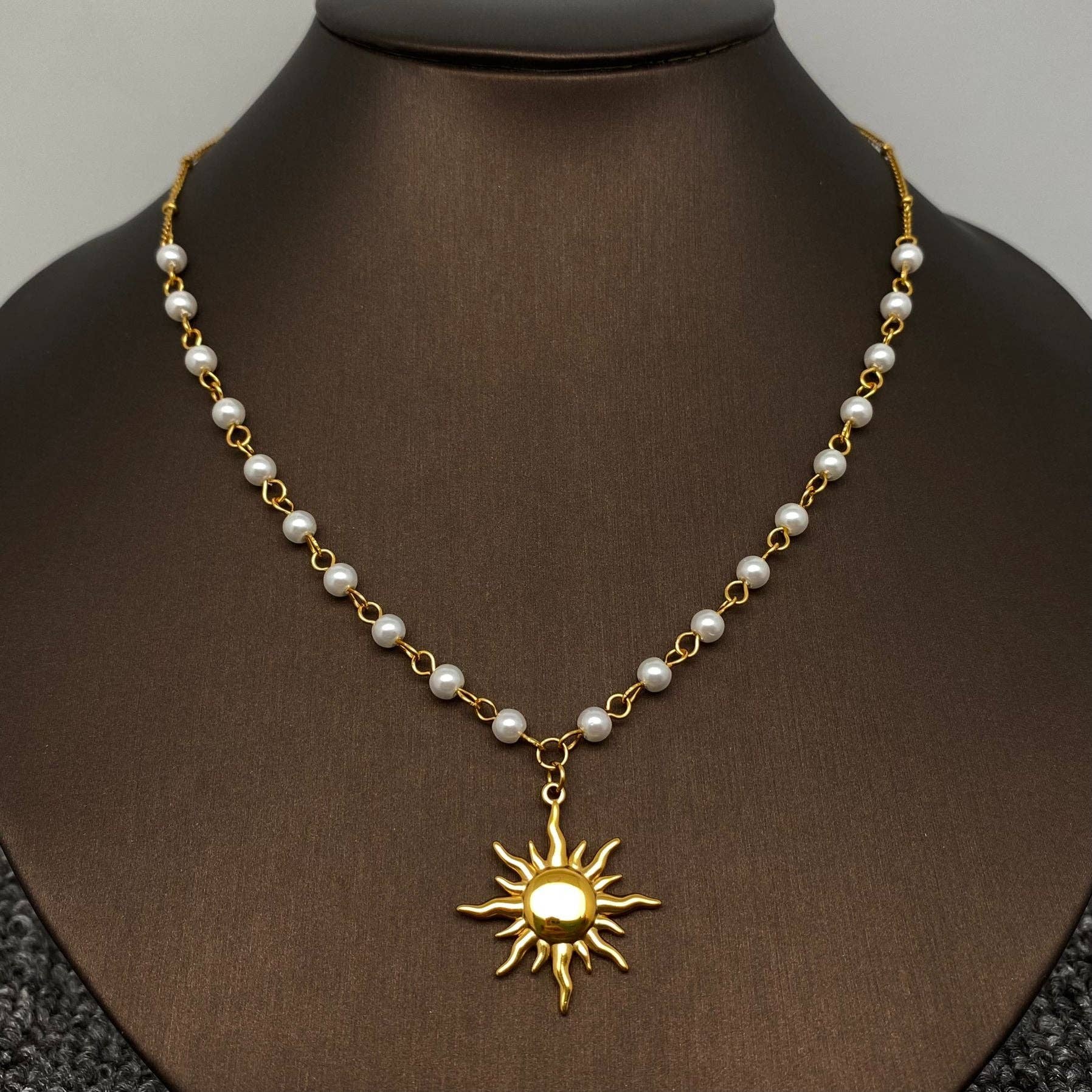 Sun Charm Pearl Chain 18K Gold Plated Necklace